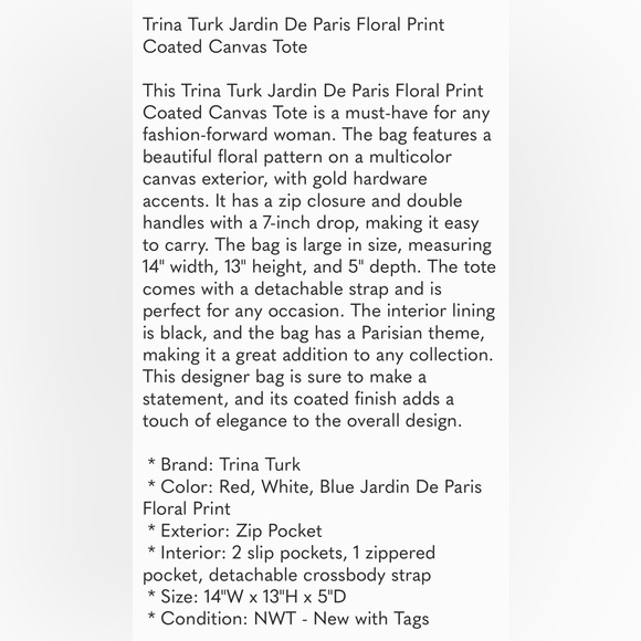 Trina Turk Jardin de Paris Floral print Coated Canvas Tote Shoulder strap NVT - Picture 9 of 9